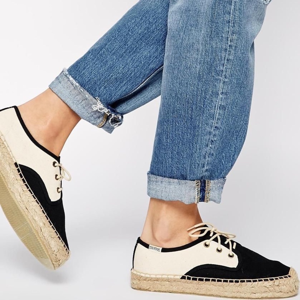Soludos black and beige color block derby lace up espadrilles